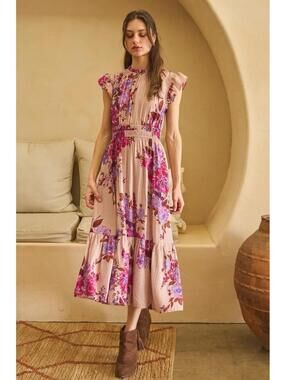 Oddi Los Angeles Women’s Sz 2XL Mauve Floral Boho Midi Cinched Waist Dress